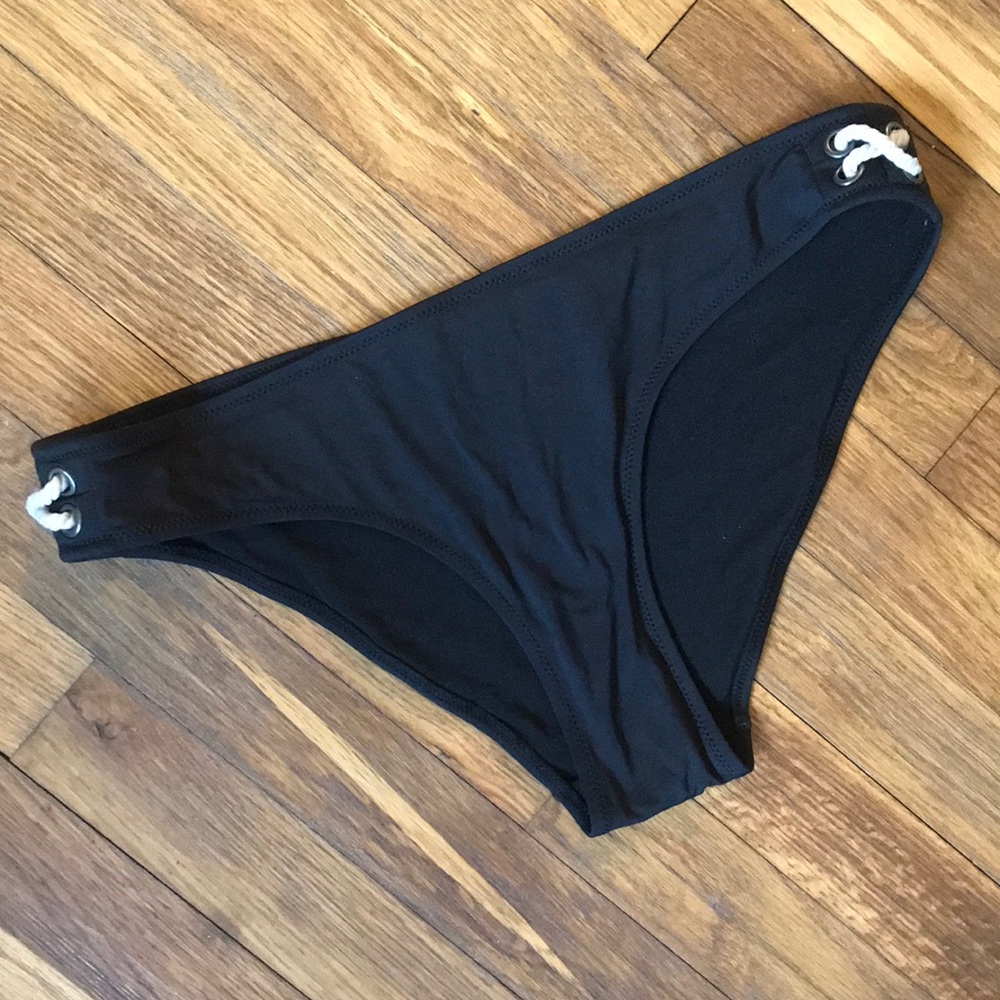 H&M black bikini bottoms, side detail, size 10